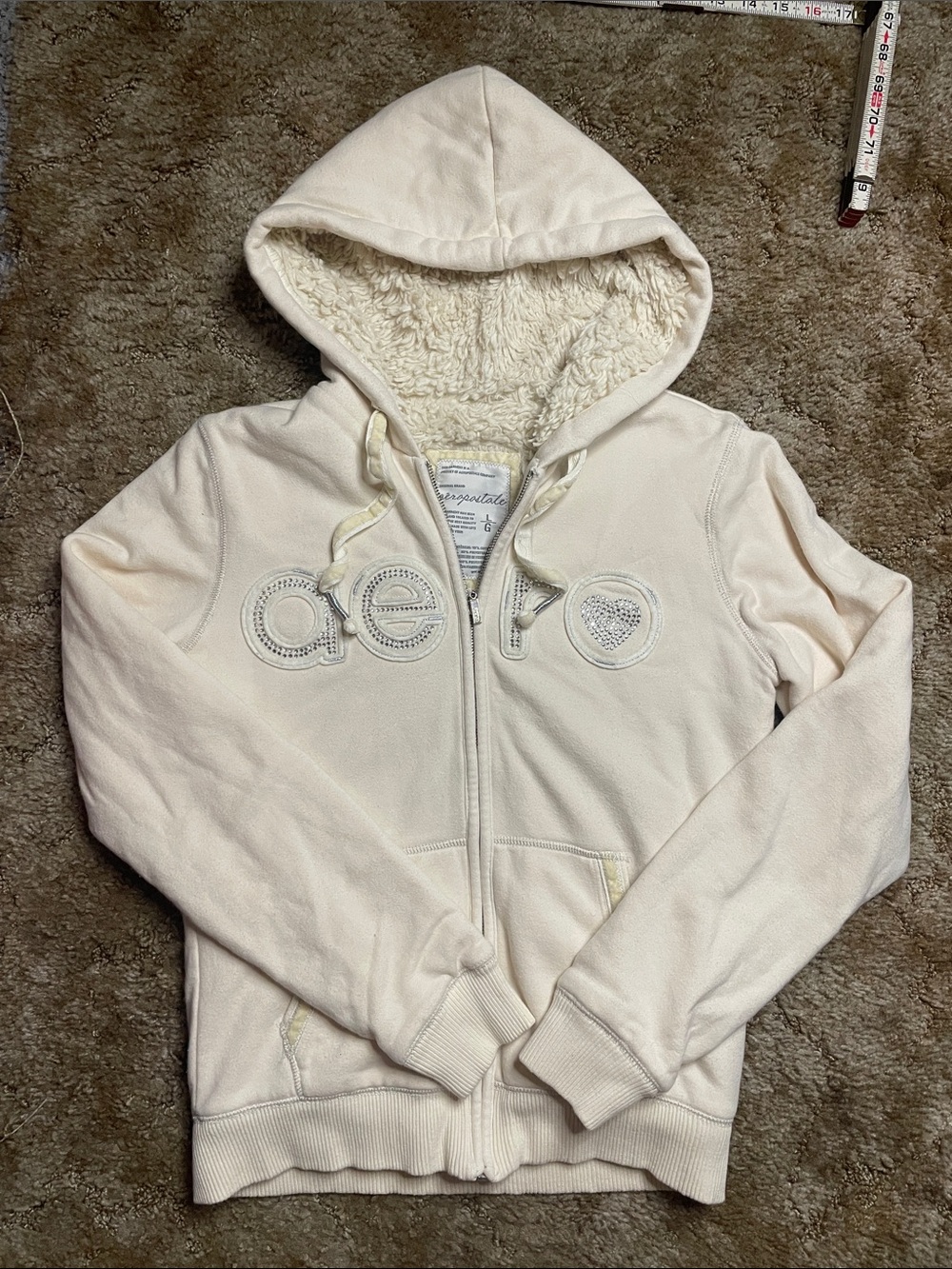 Aeropostale Y2K 2000s Style Fur Lined Rhinestone Fitted Zip Up Jacket Size Large